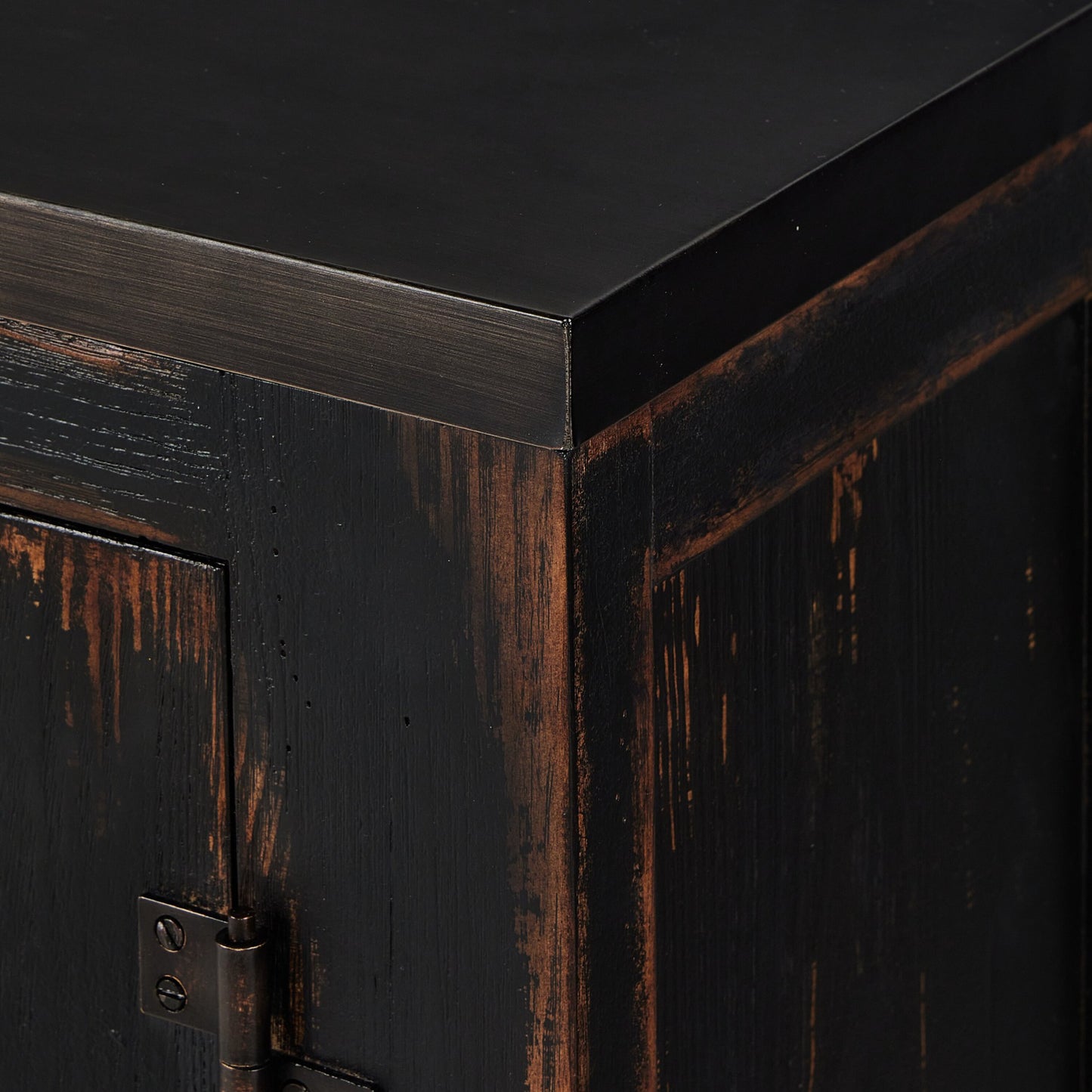 The humptulips river moonshine cabinet: distressed burnt black-distressed burnt black veneer-metal mesh bronze