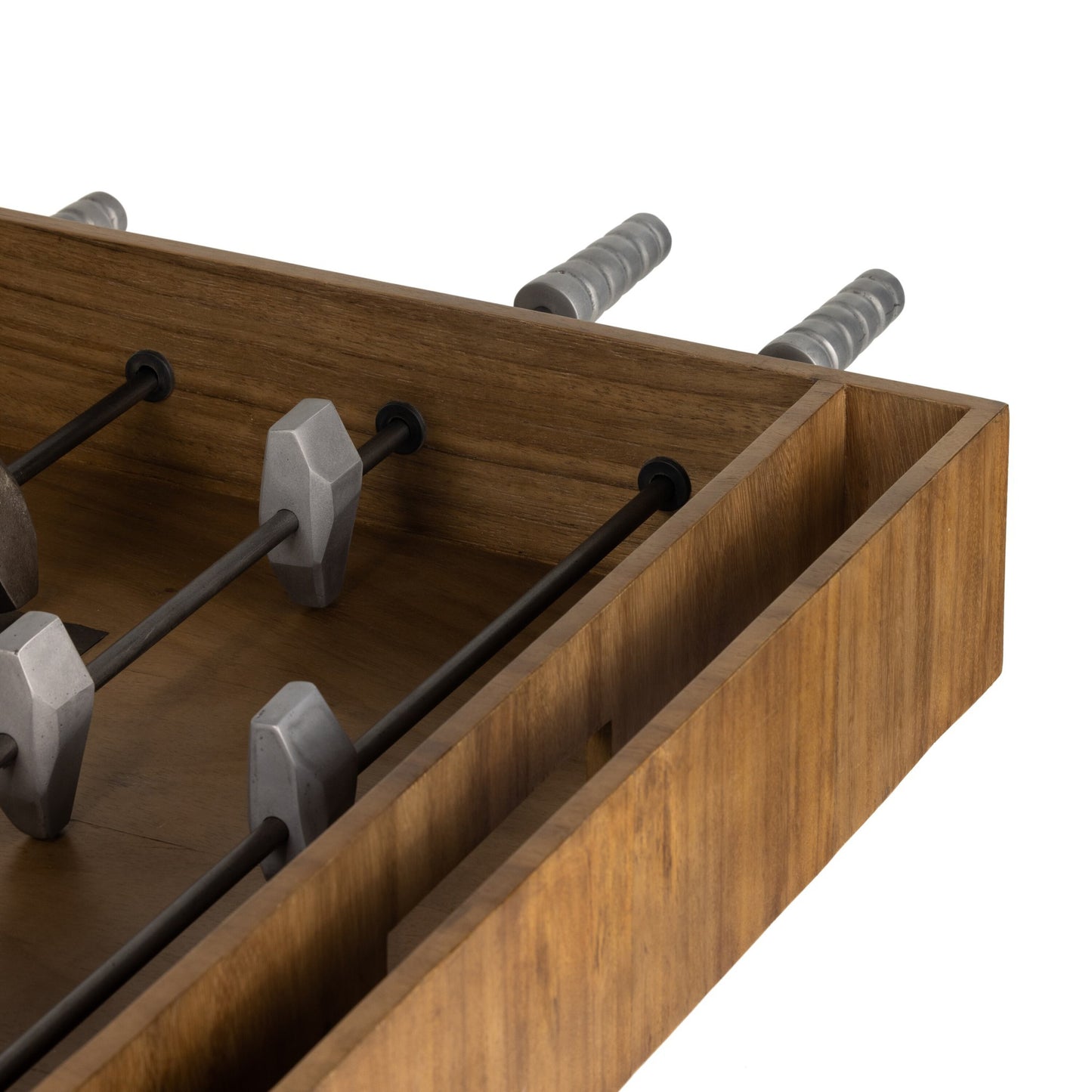 Foosball table: natural brown guanacaste-aged metal-aged aluminum