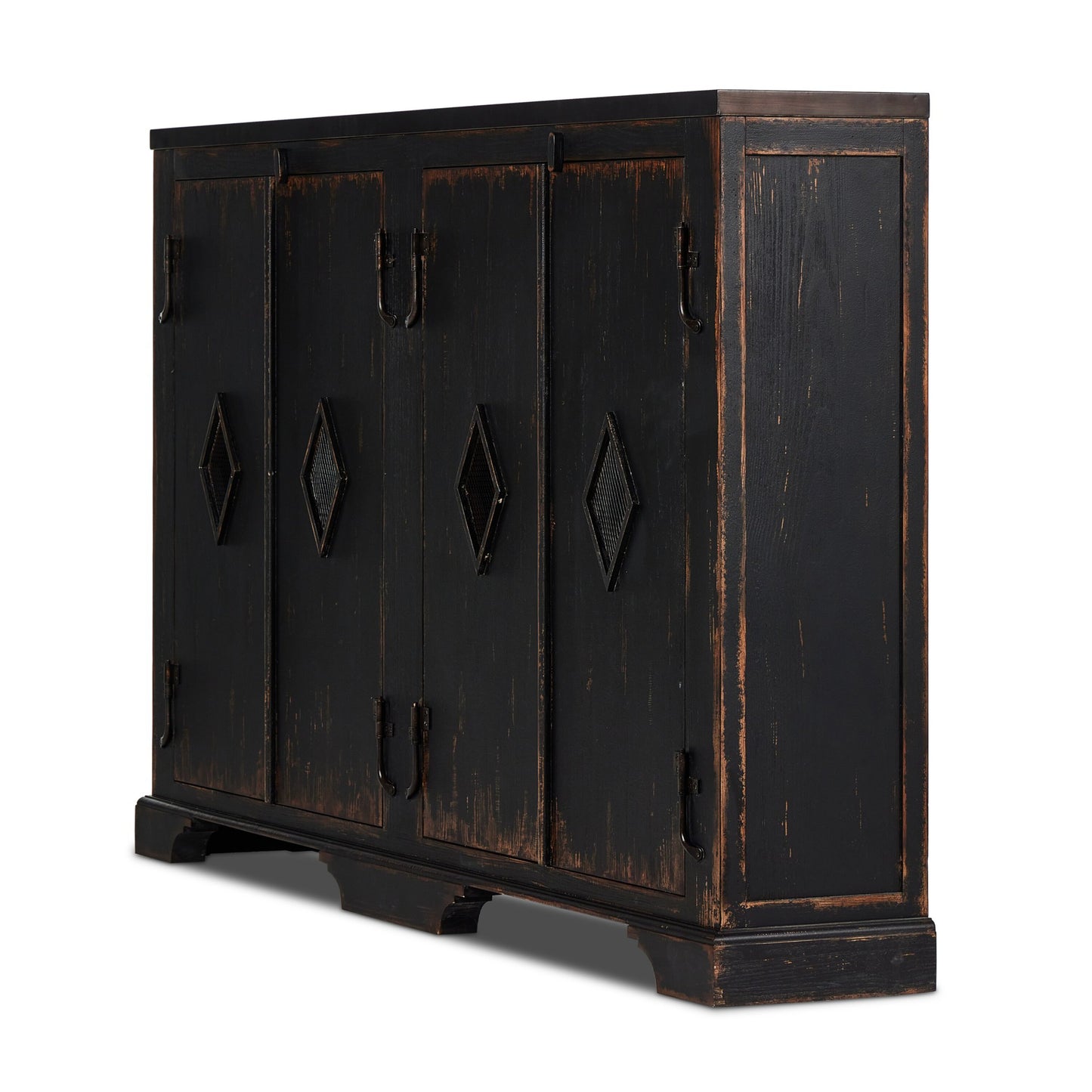 The humptulips river moonshine cabinet: distressed burnt black-distressed burnt black veneer-metal mesh bronze