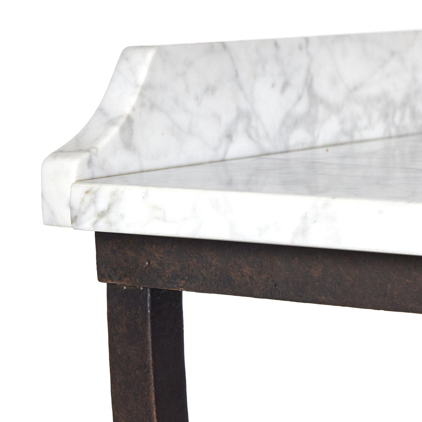 Six beers table: honed white marble-bronze pebble texture-golden metal cap