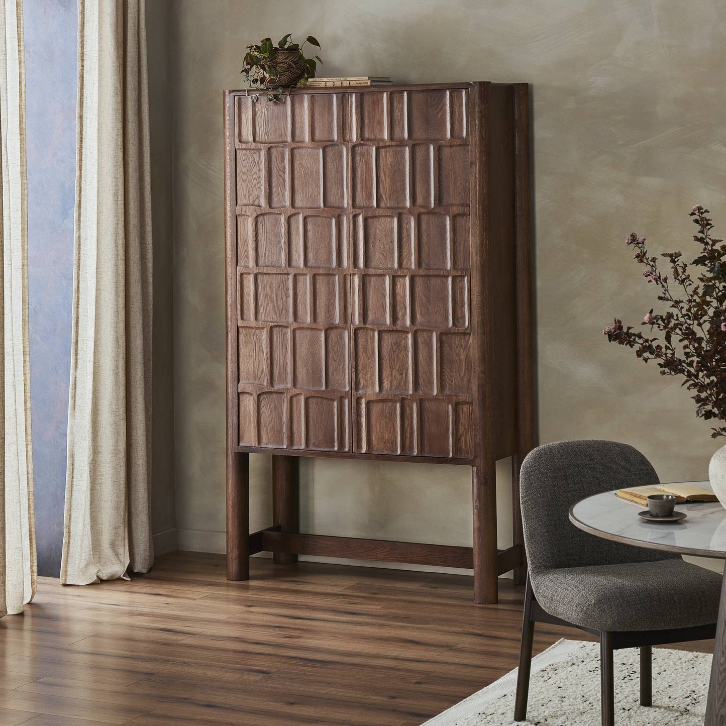 Ezri cabinet: cocoa oak-carved cocoa oak