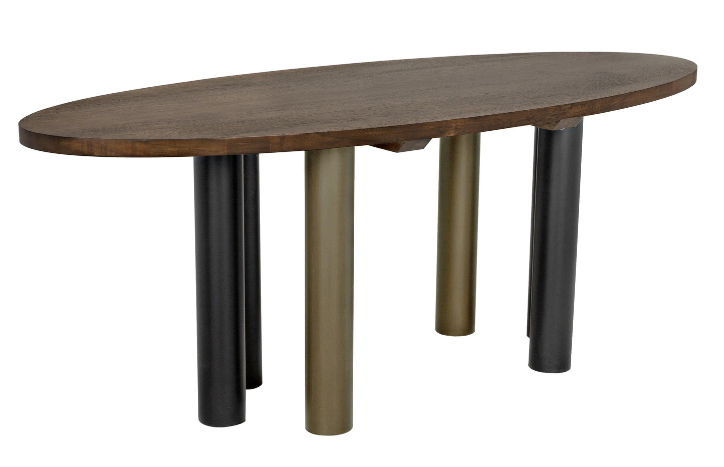 Journal oval dining table, dark walnut with black & aged brass steel base