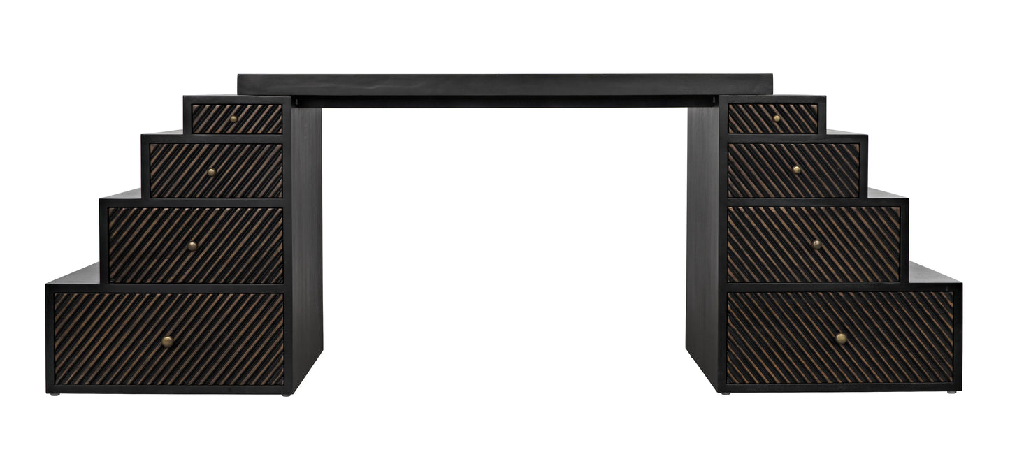 Ambidextrous desk, hand rubbed black with light brown trim