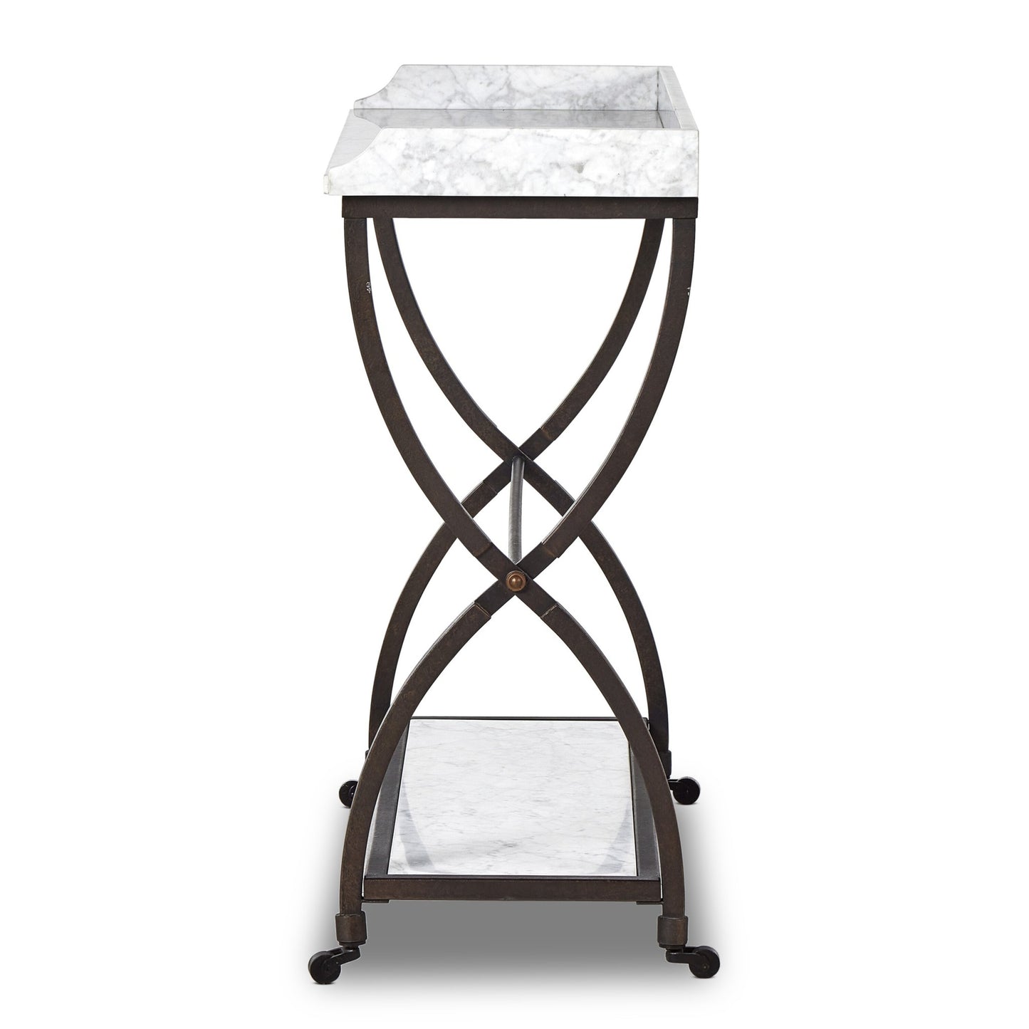 Six beers table: honed white marble-bronze pebble texture-golden metal cap