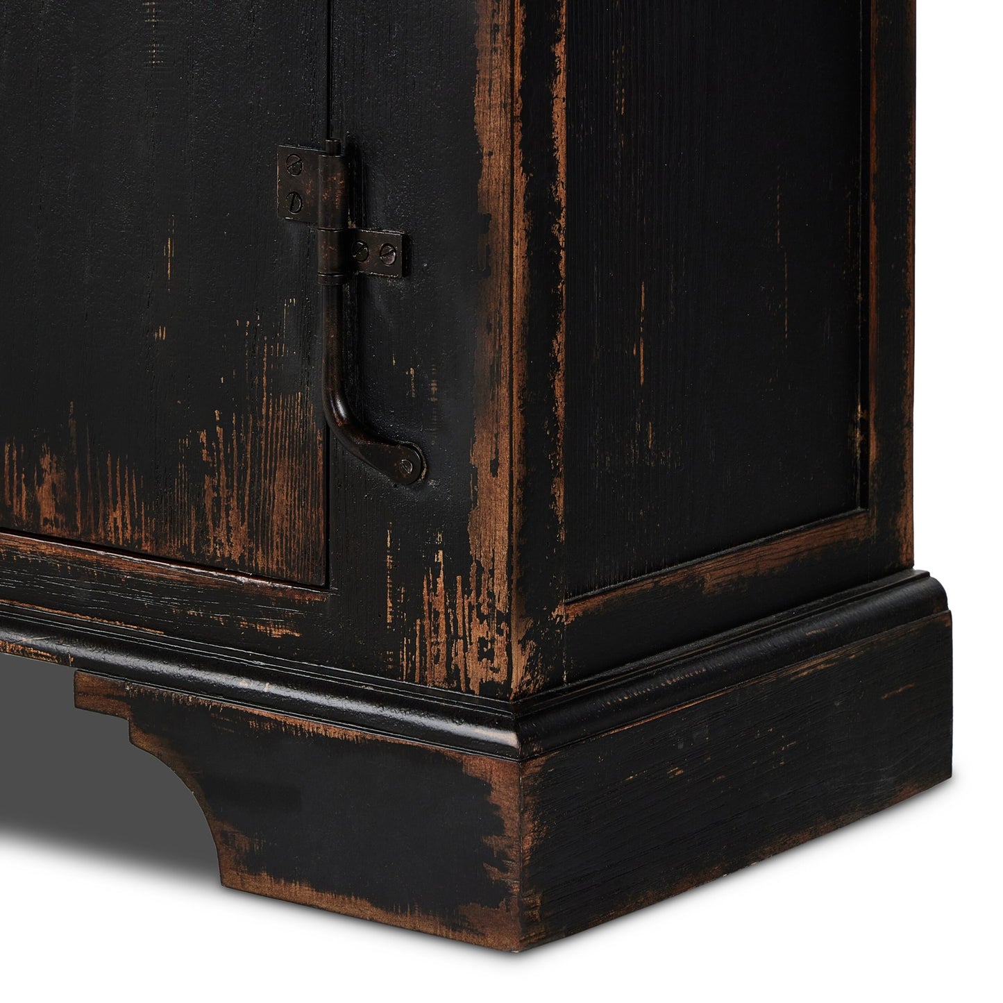 The humptulips river moonshine cabinet: distressed burnt black-distressed burnt black veneer-metal mesh bronze