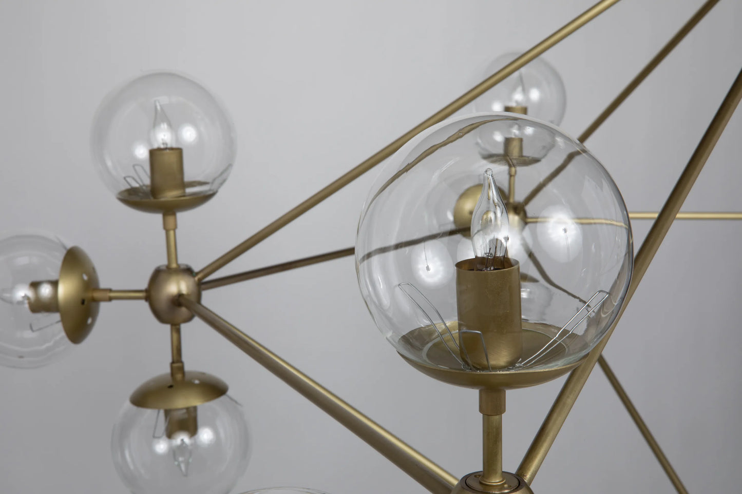 Pluto chandelier, large, metal with brass finish and glass