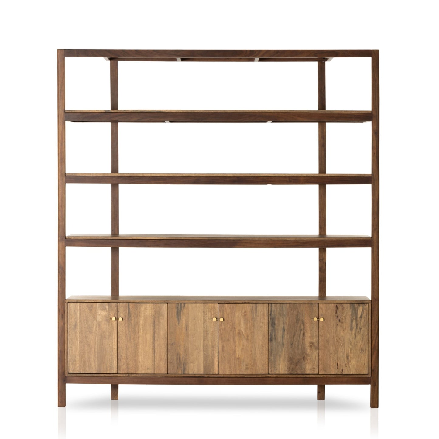 Reza wide bookcase - smoked honey-toasted acacia-raw brass