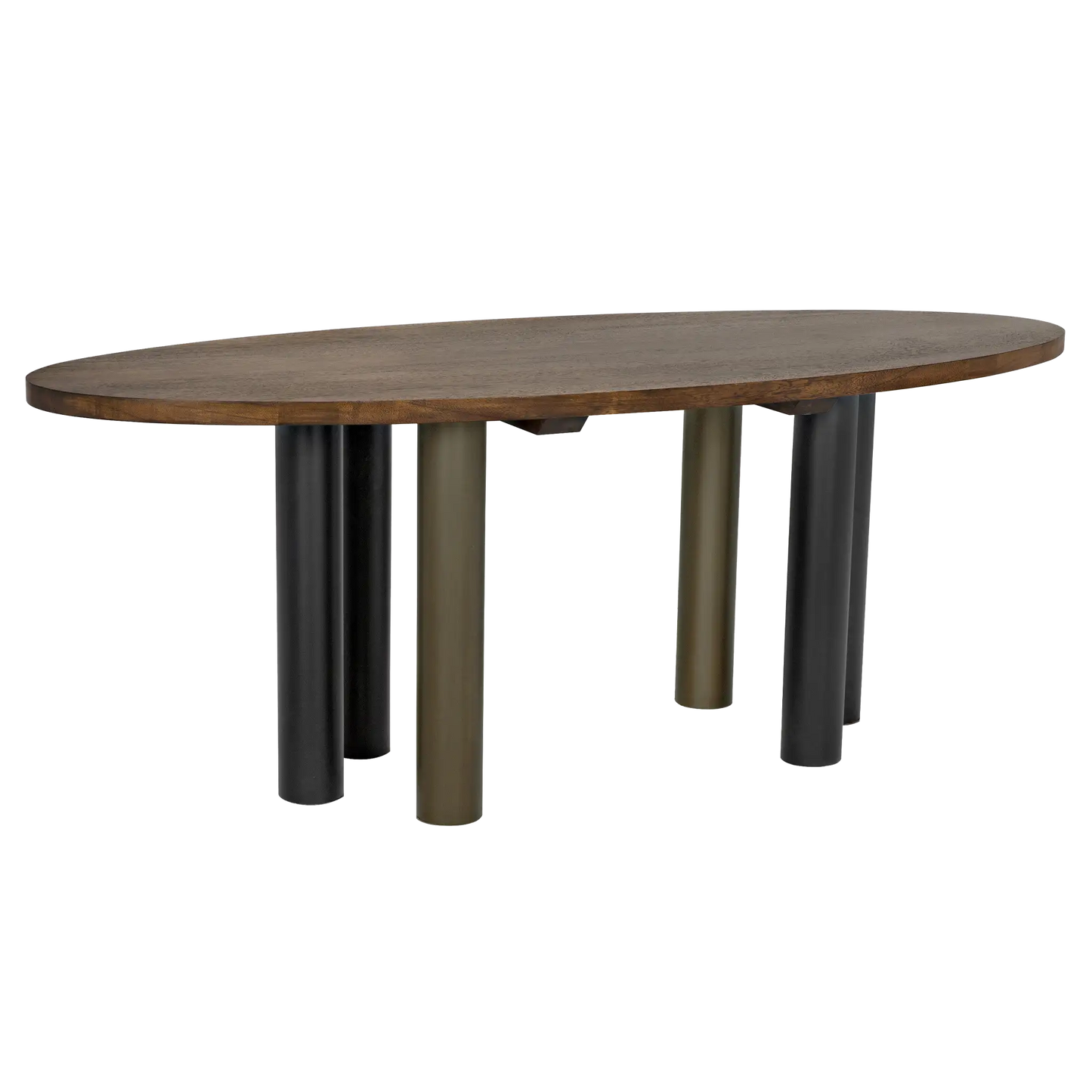 Journal oval dining table, dark walnut with black & aged brass steel base