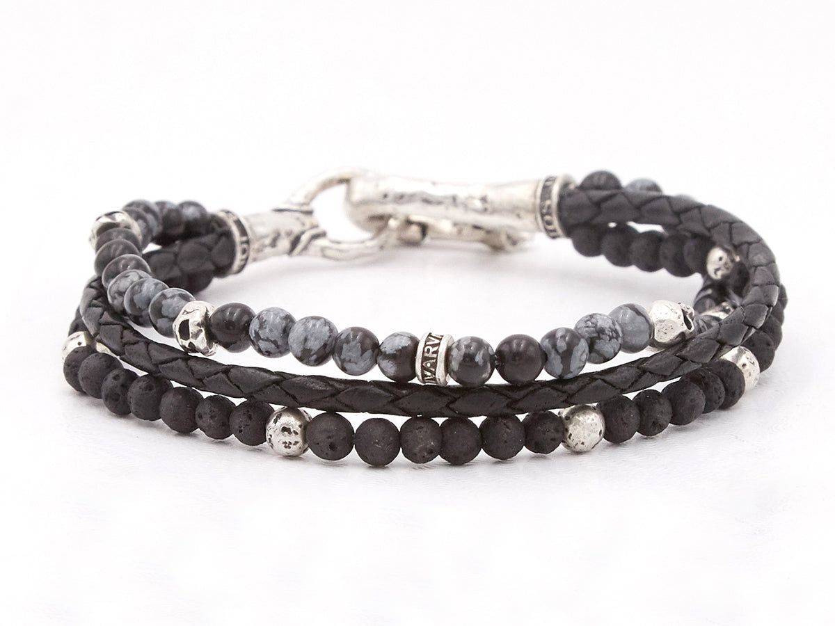 Multi-strand bracelet in sterling silver, beaded, from the skull collection, with lava 8 inches