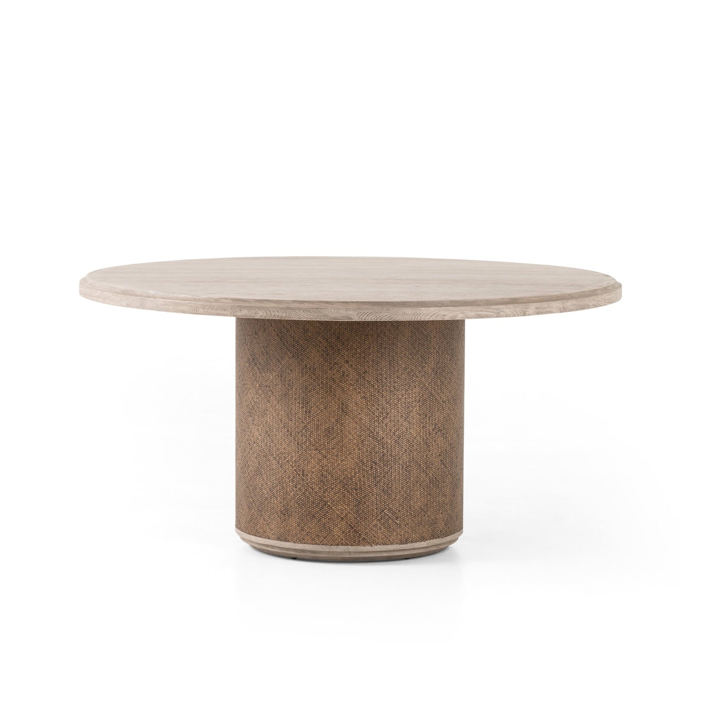 Kiara round dining table: weathered blonde pine-rustic rattan-weathered blonde oak veneer