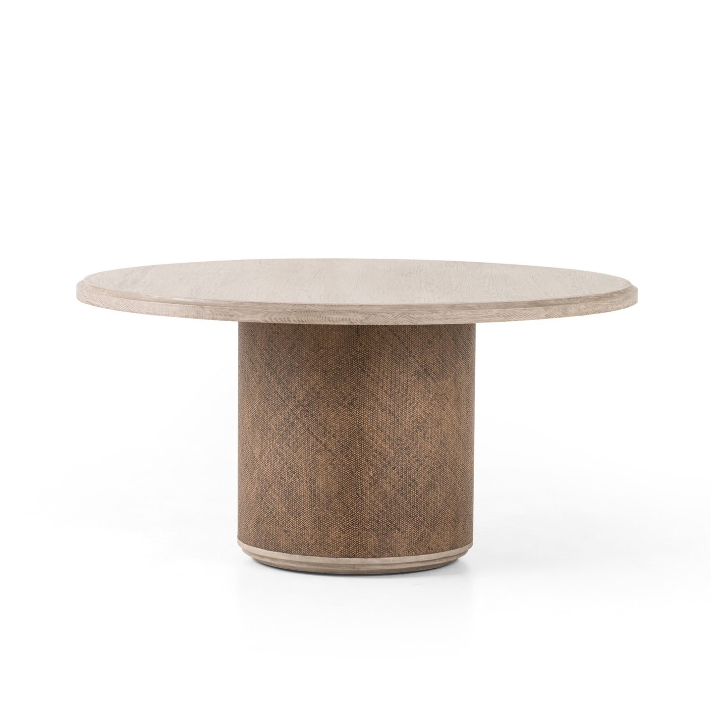 Kiara round dining table: weathered blonde pine-rustic rattan-weathered blonde oak veneer