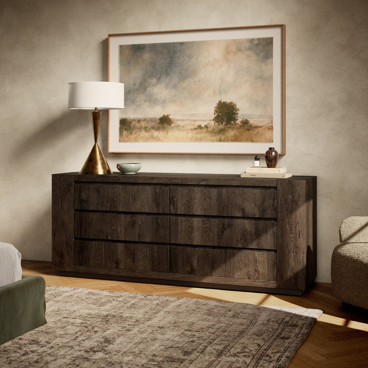 Abaso 6 drawer dresser: ebony rustic wormwood oak