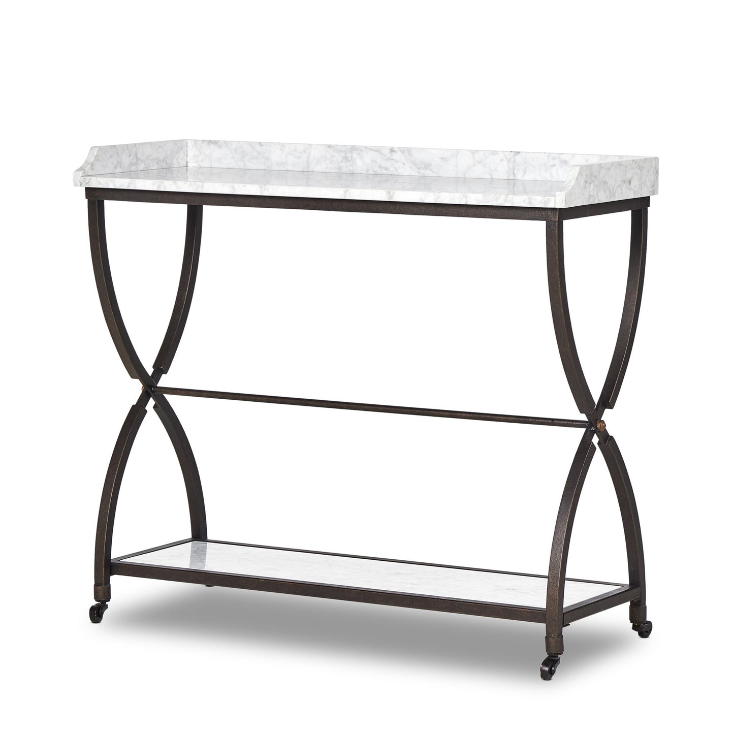 Six beers table: honed white marble-bronze pebble texture-golden metal cap