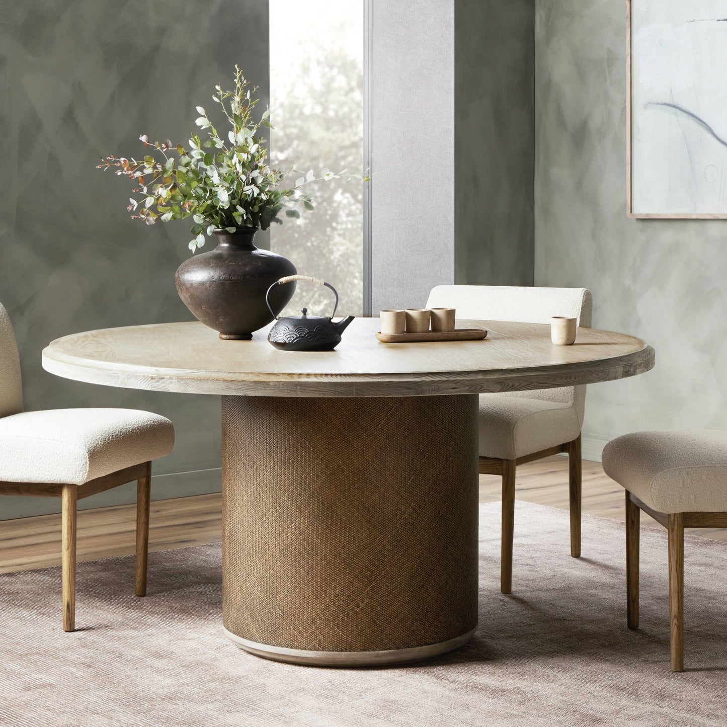 Kiara round dining table: weathered blonde pine-rustic rattan-weathered blonde oak veneer