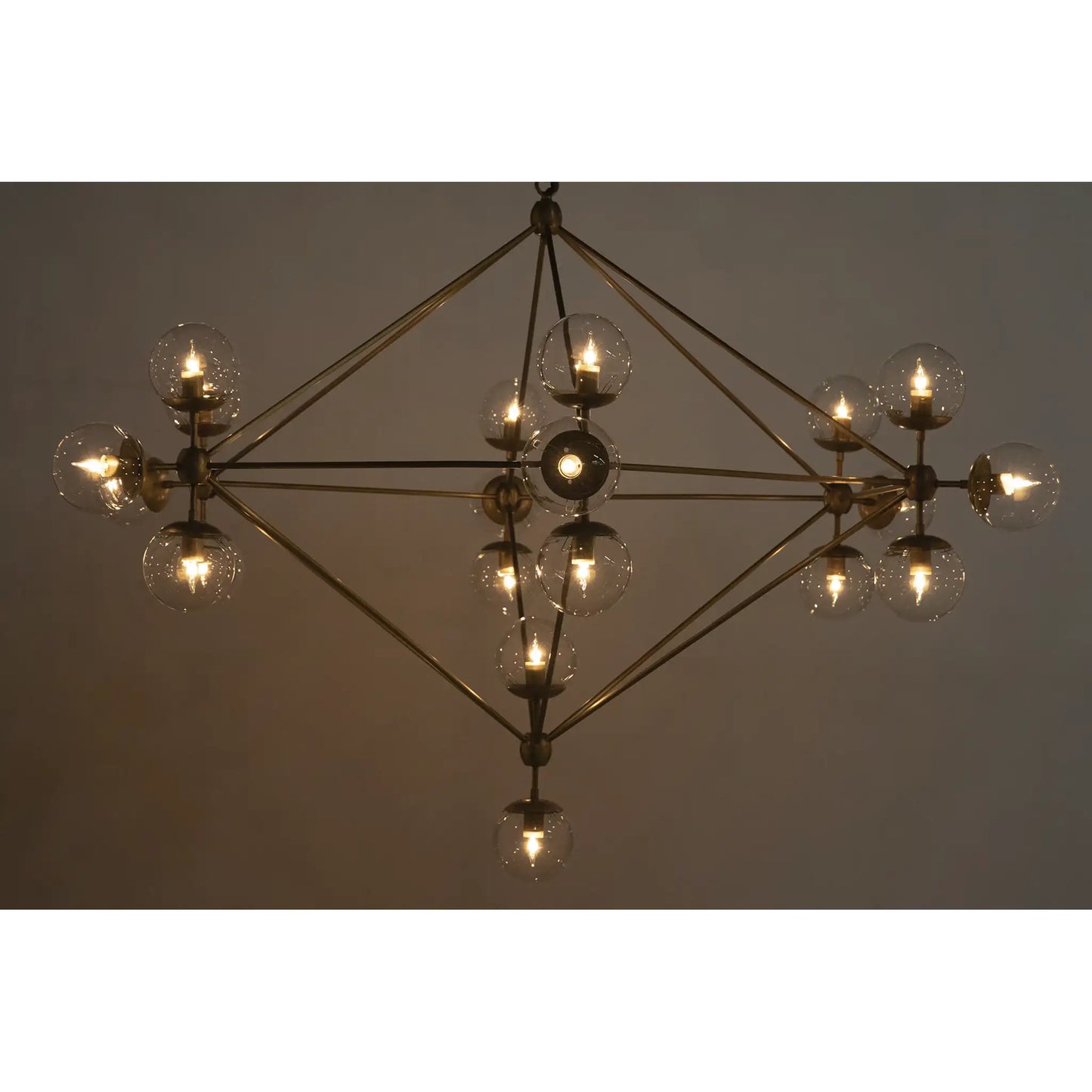 Pluto chandelier, large, metal with brass finish and glass