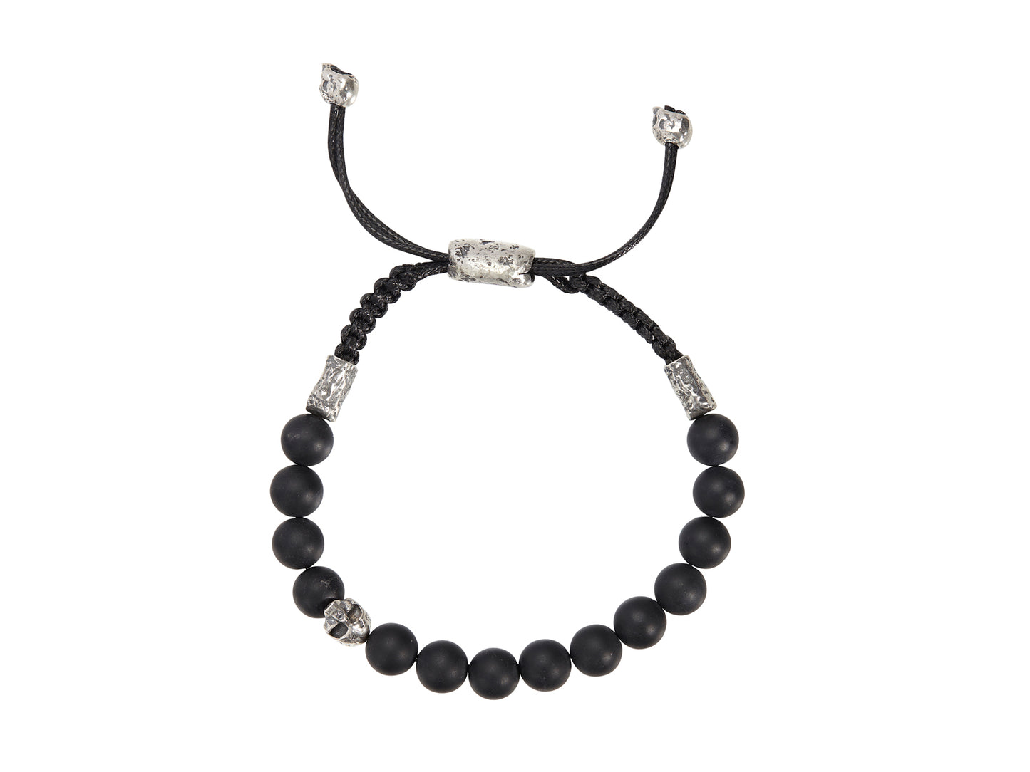 Slider bracelet in sterling silver, beaded, from the skull collection, with onyx 7-9.5 inches