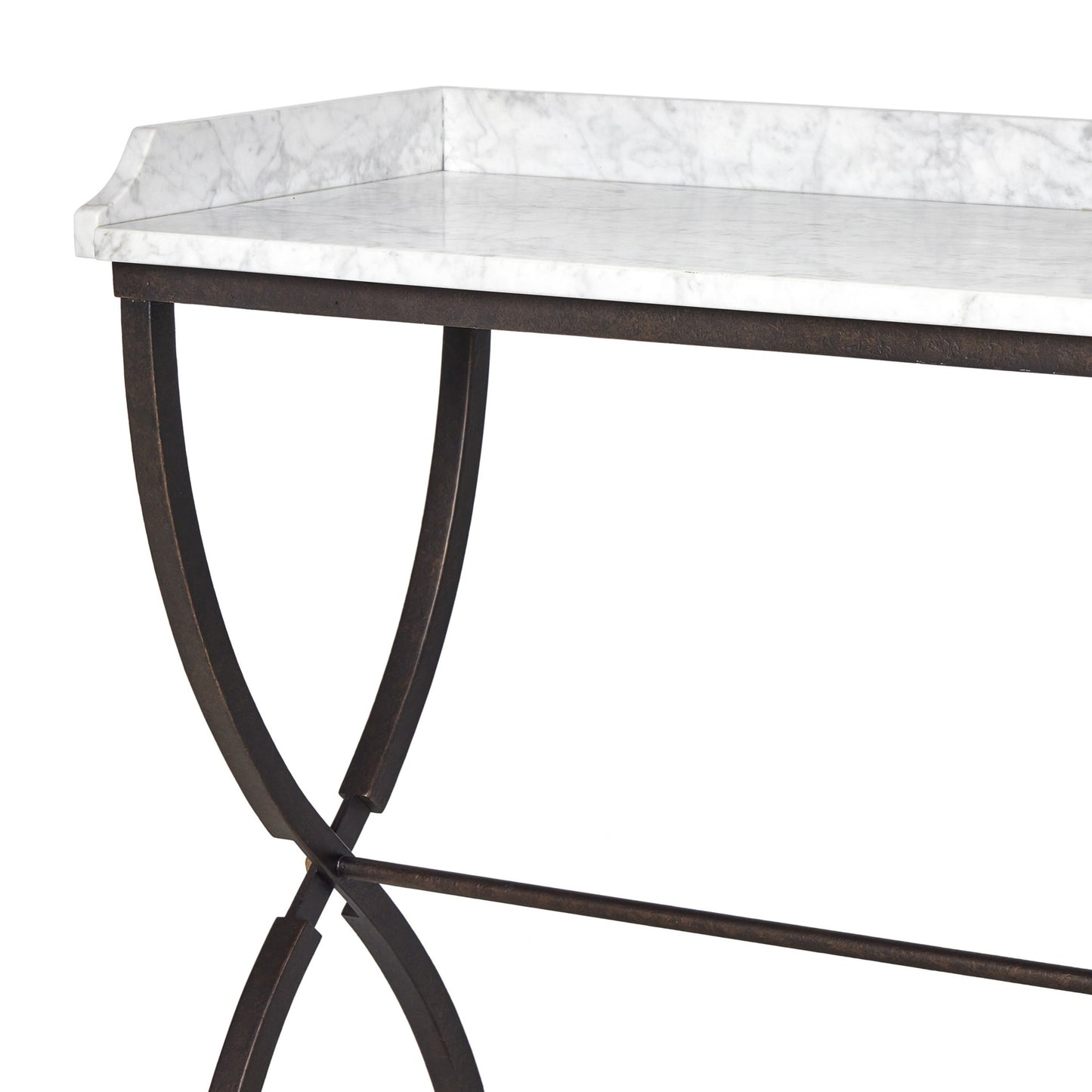 Six beers table: honed white marble-bronze pebble texture-golden metal cap