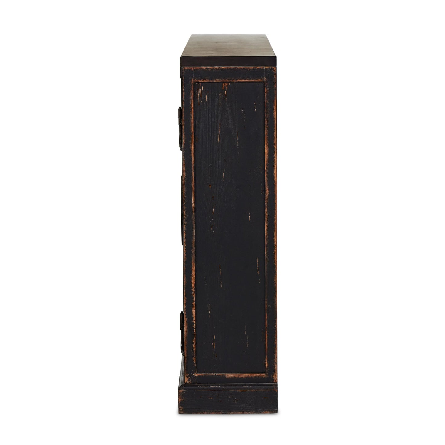 The humptulips river moonshine cabinet: distressed burnt black-distressed burnt black veneer-metal mesh bronze