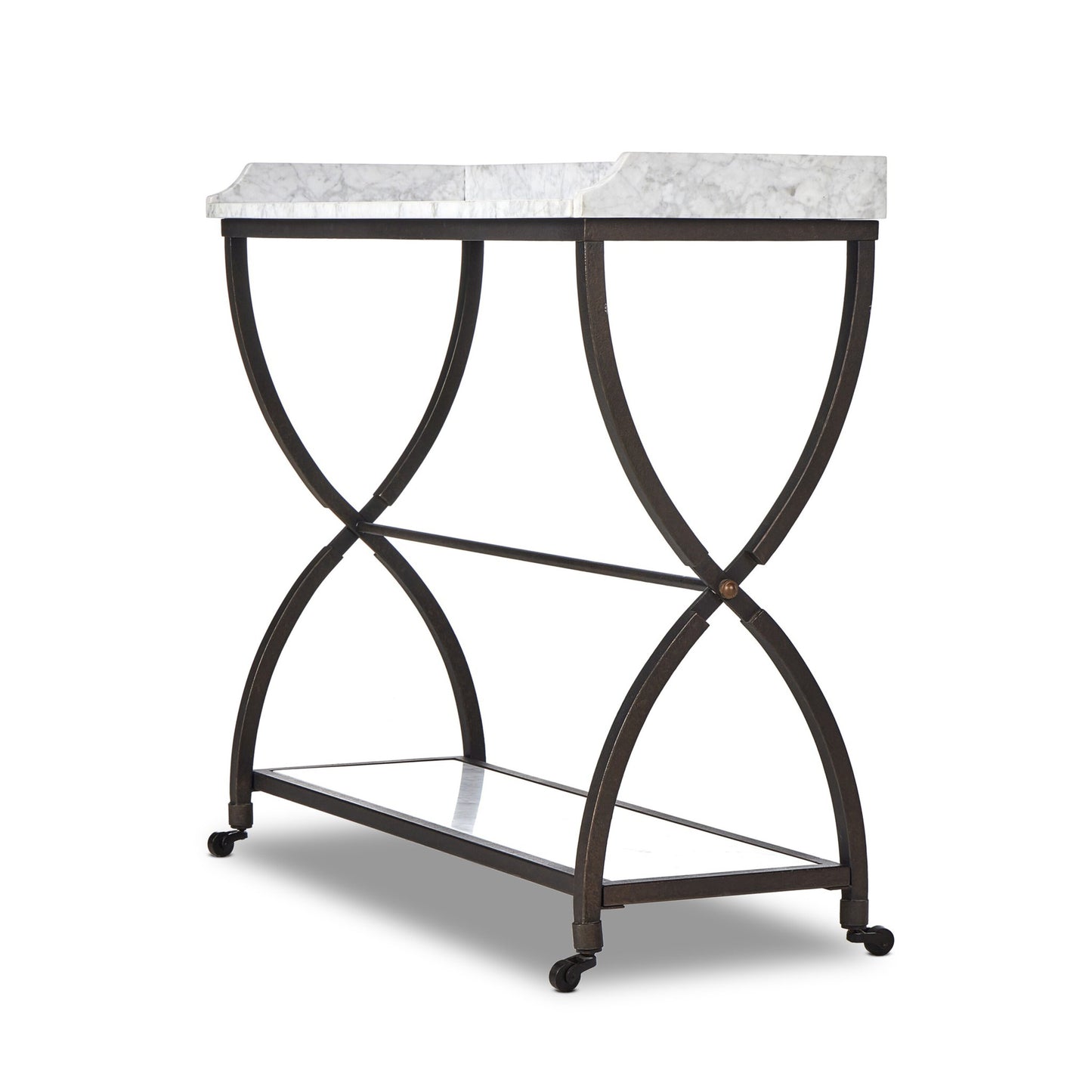 Six beers table: honed white marble-bronze pebble texture-golden metal cap