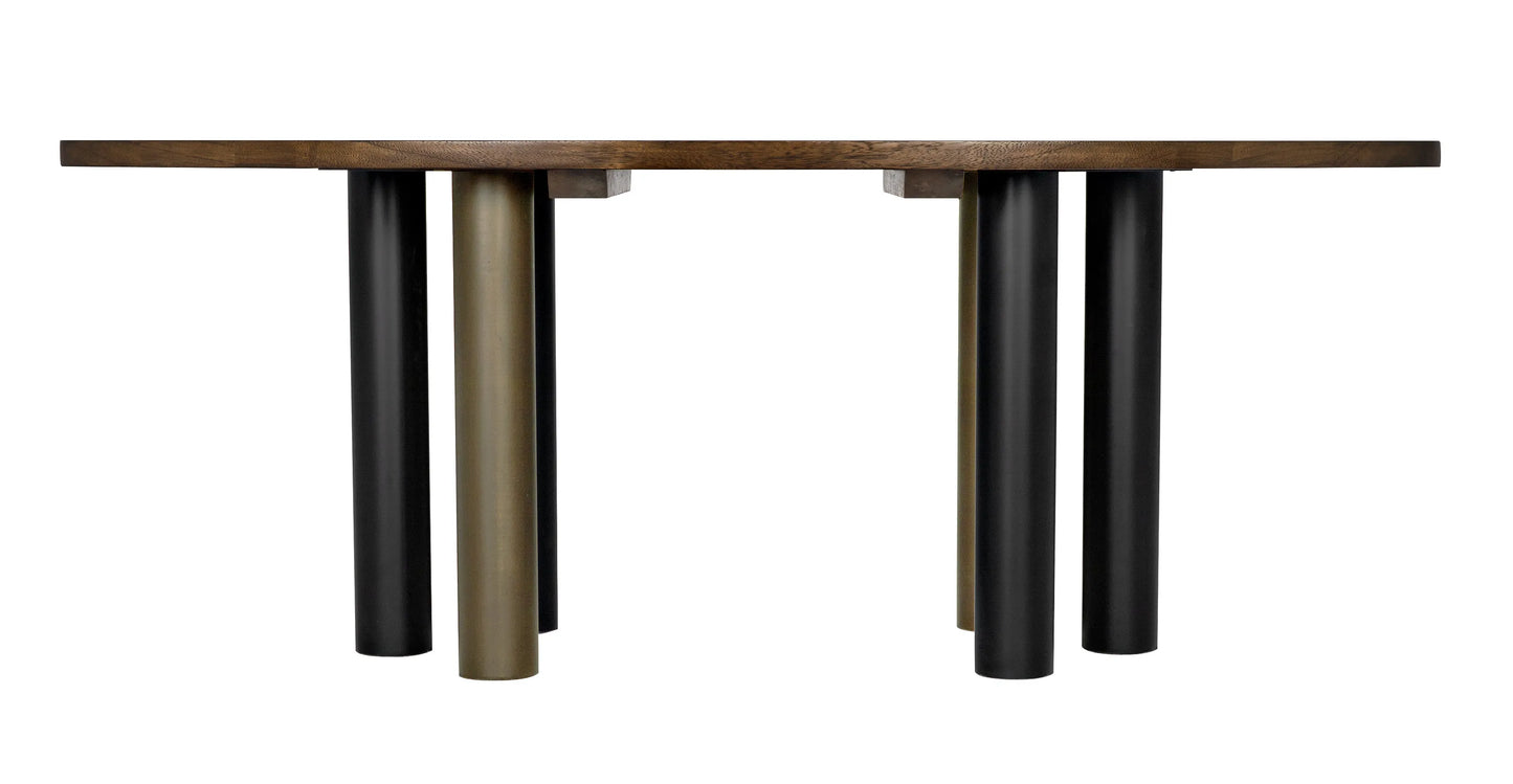 Journal oval dining table, dark walnut with black & aged brass steel base