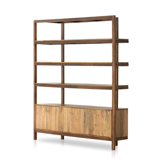 Reza wide bookcase - smoked honey-toasted acacia-raw brass