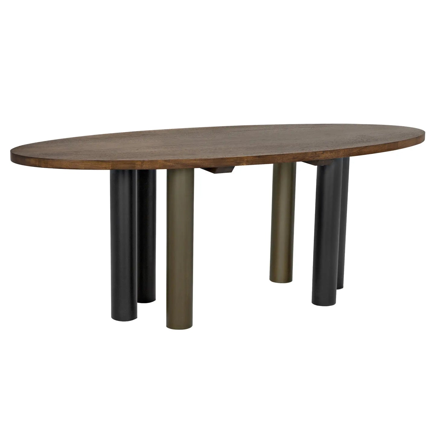 Journal oval dining table, dark walnut with black & aged brass steel base