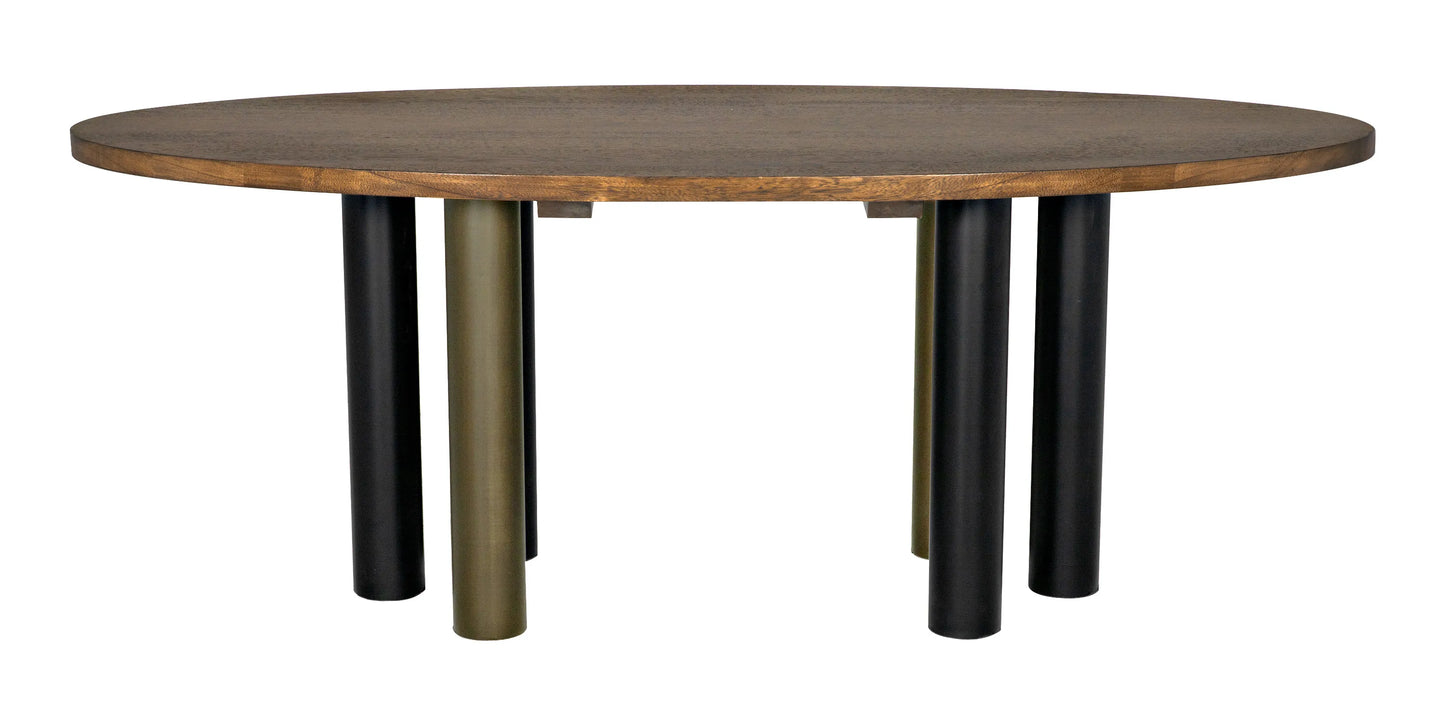 Journal oval dining table, dark walnut with black & aged brass steel base