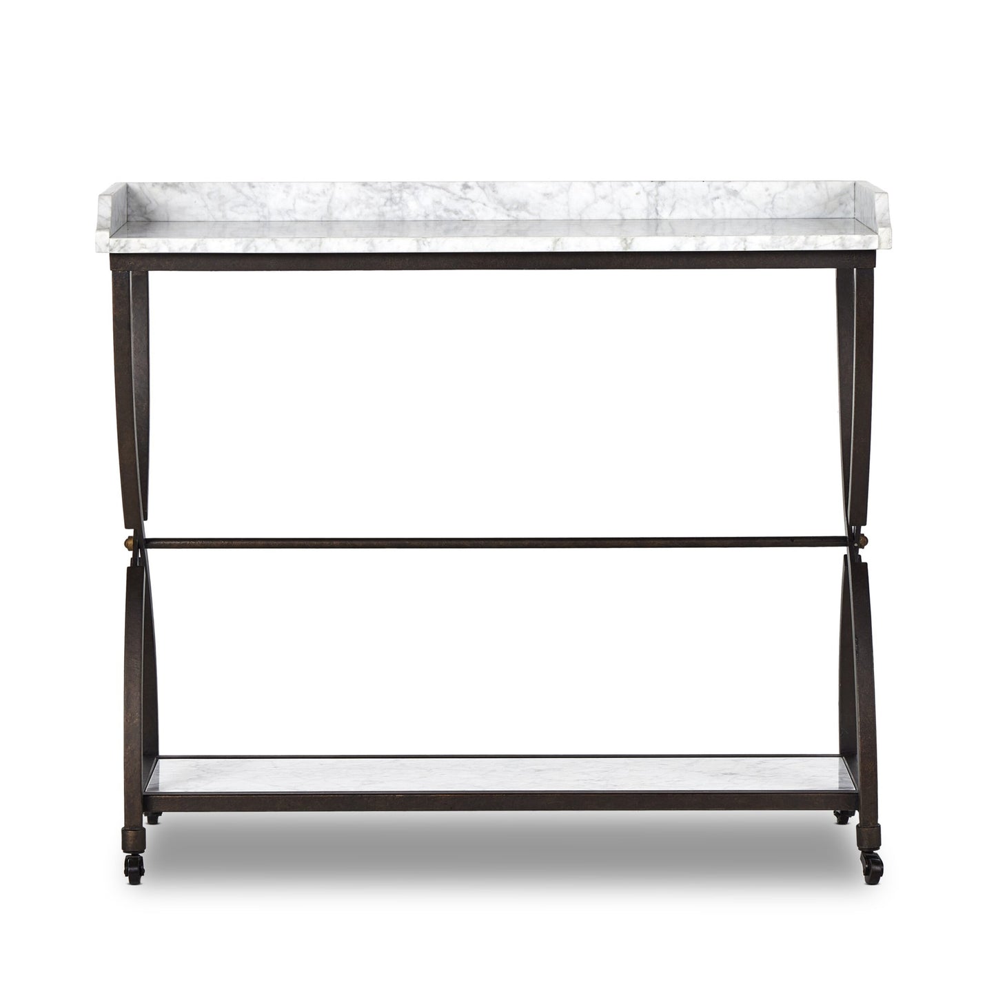 Six beers table: honed white marble-bronze pebble texture-golden metal cap