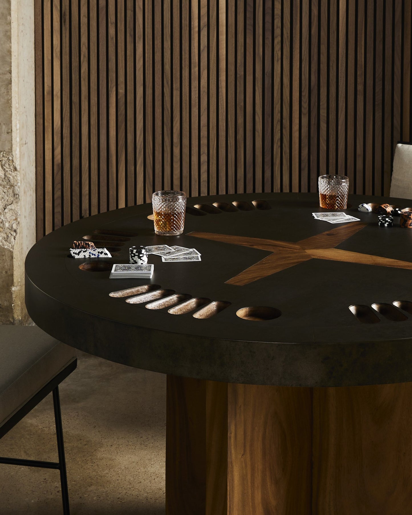 Poker table: natural brown guanacaste-aged metal