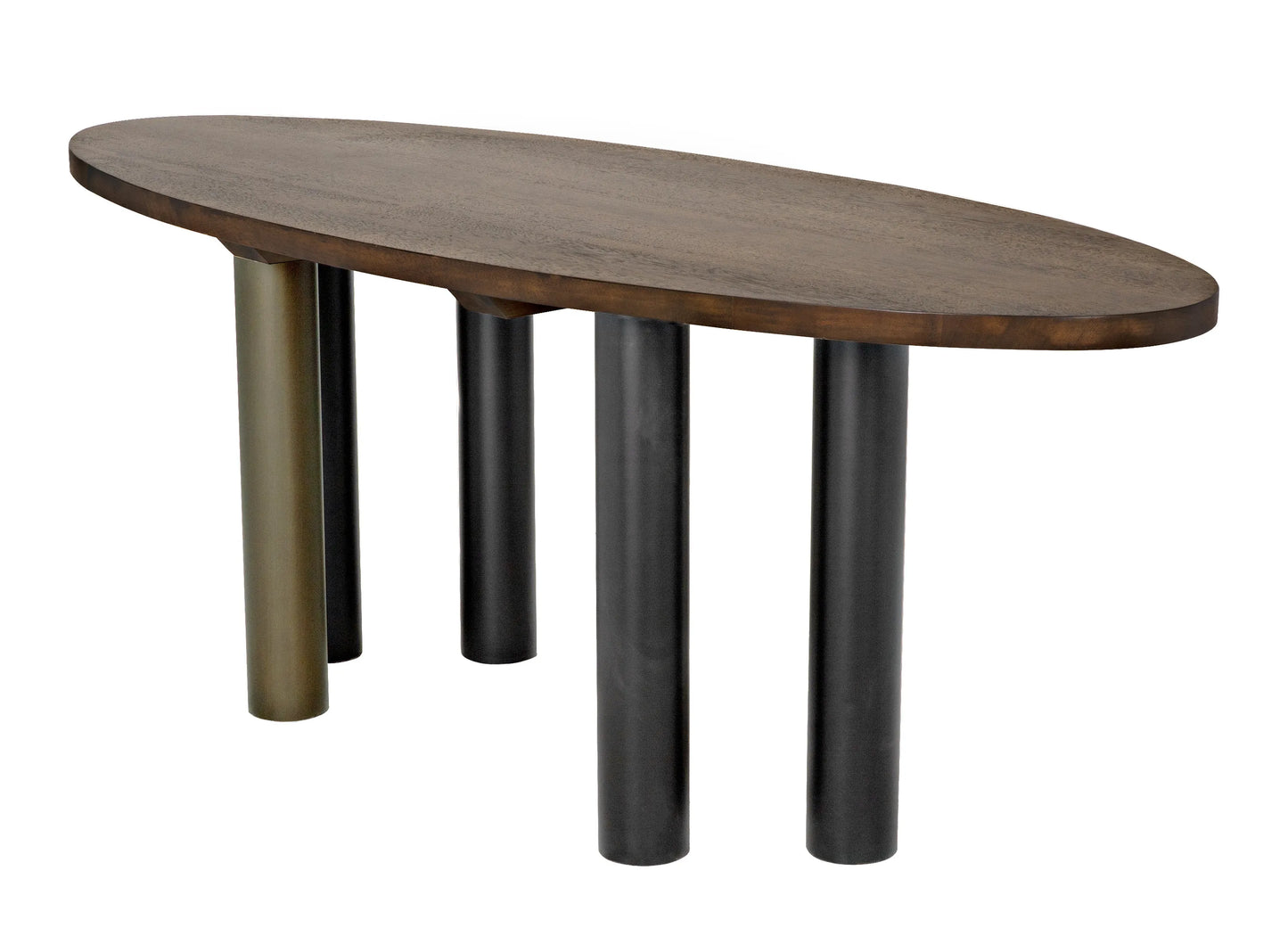 Journal oval dining table, dark walnut with black & aged brass steel base