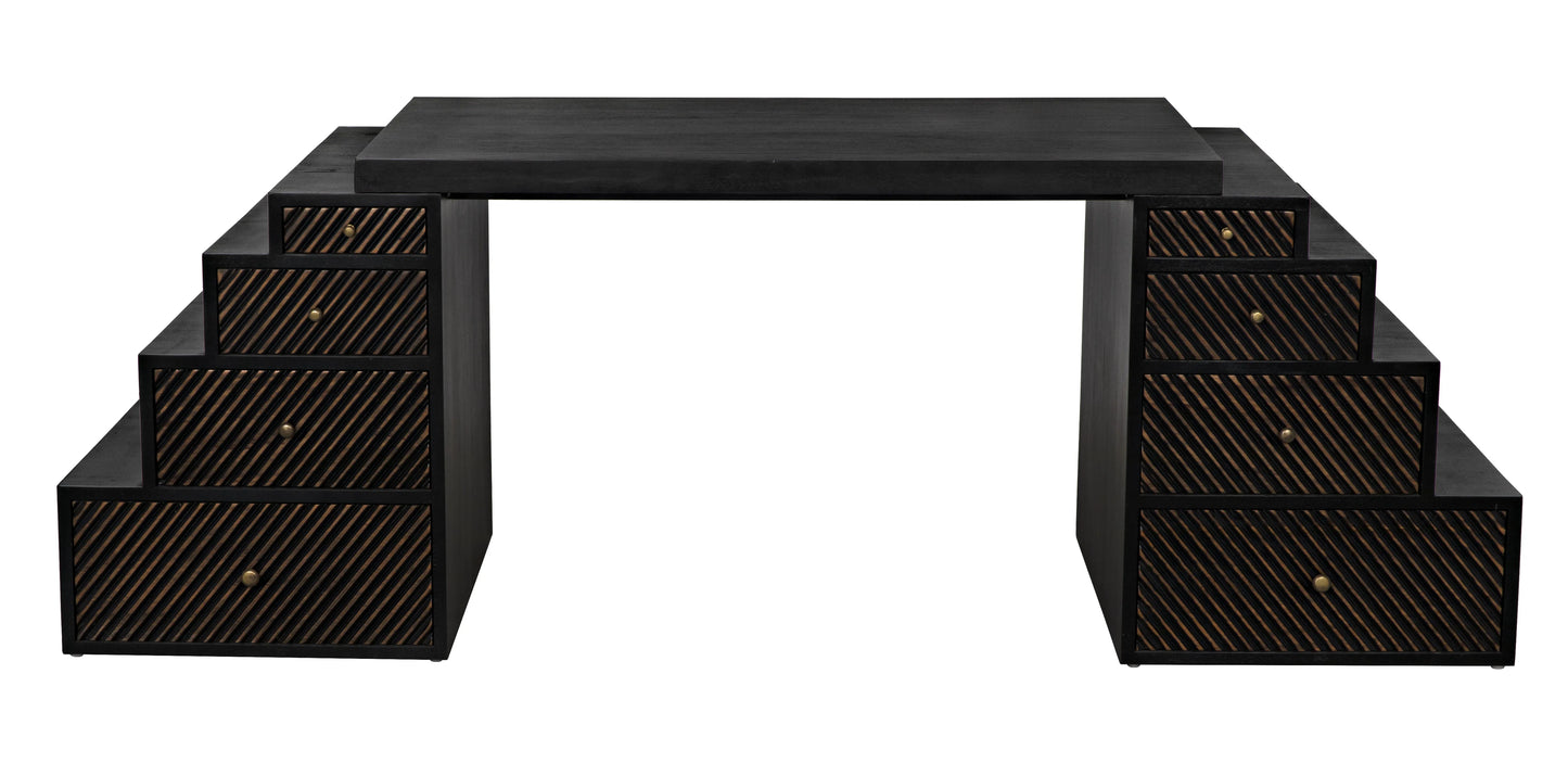 Ambidextrous desk, hand rubbed black with light brown trim