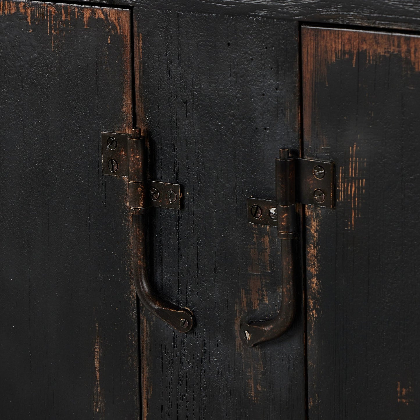 The humptulips river moonshine cabinet: distressed burnt black-distressed burnt black veneer-metal mesh bronze