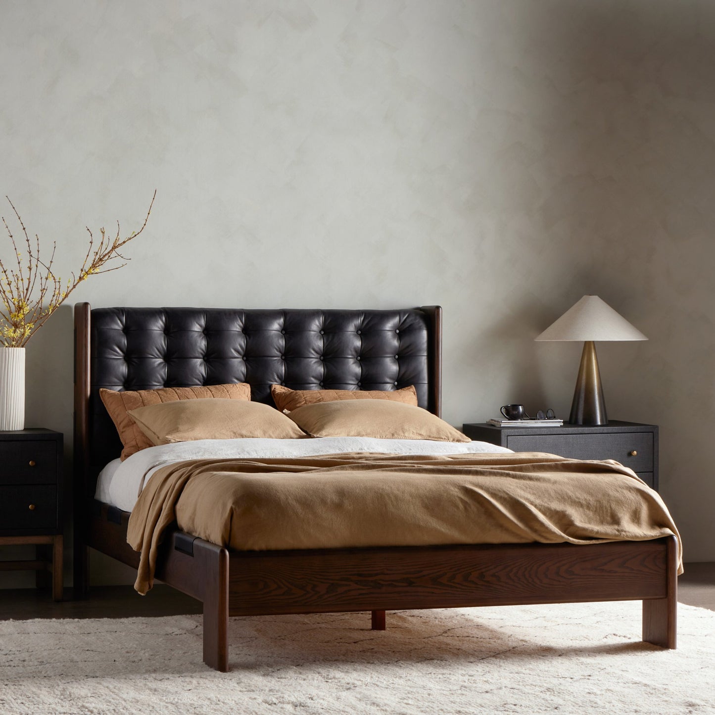 Halston bed: terra brown ash-heirloom black-terra brown ash veneer-king