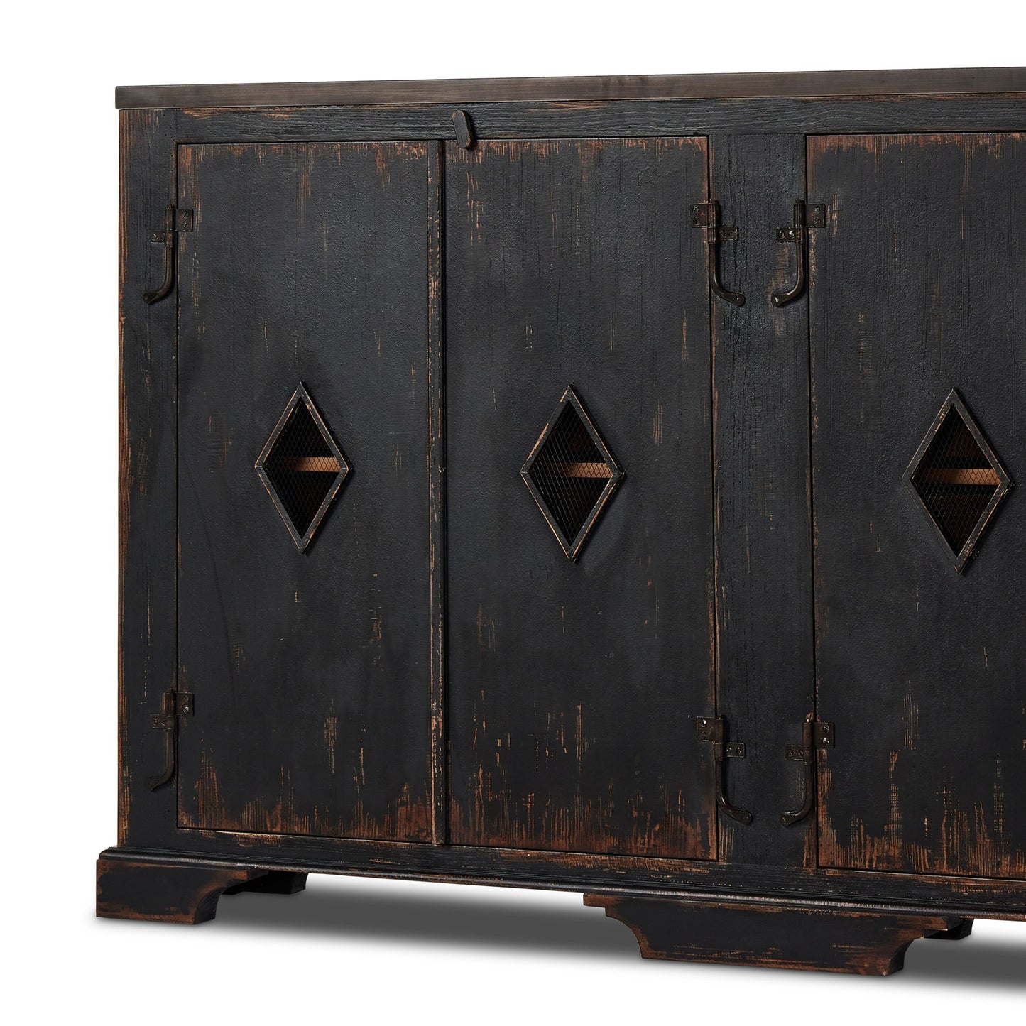 The humptulips river moonshine cabinet: distressed burnt black-distressed burnt black veneer-metal mesh bronze