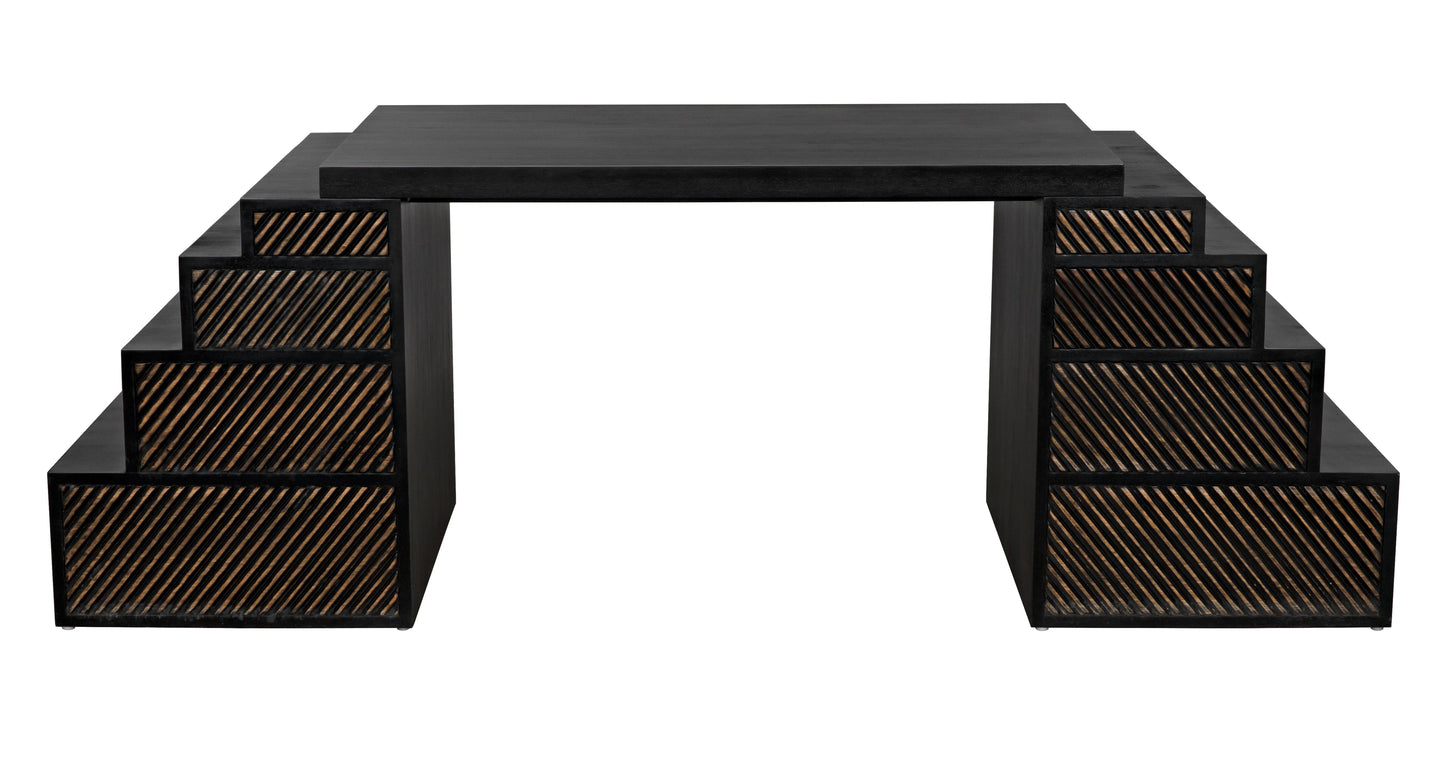 Ambidextrous desk, hand rubbed black with light brown trim