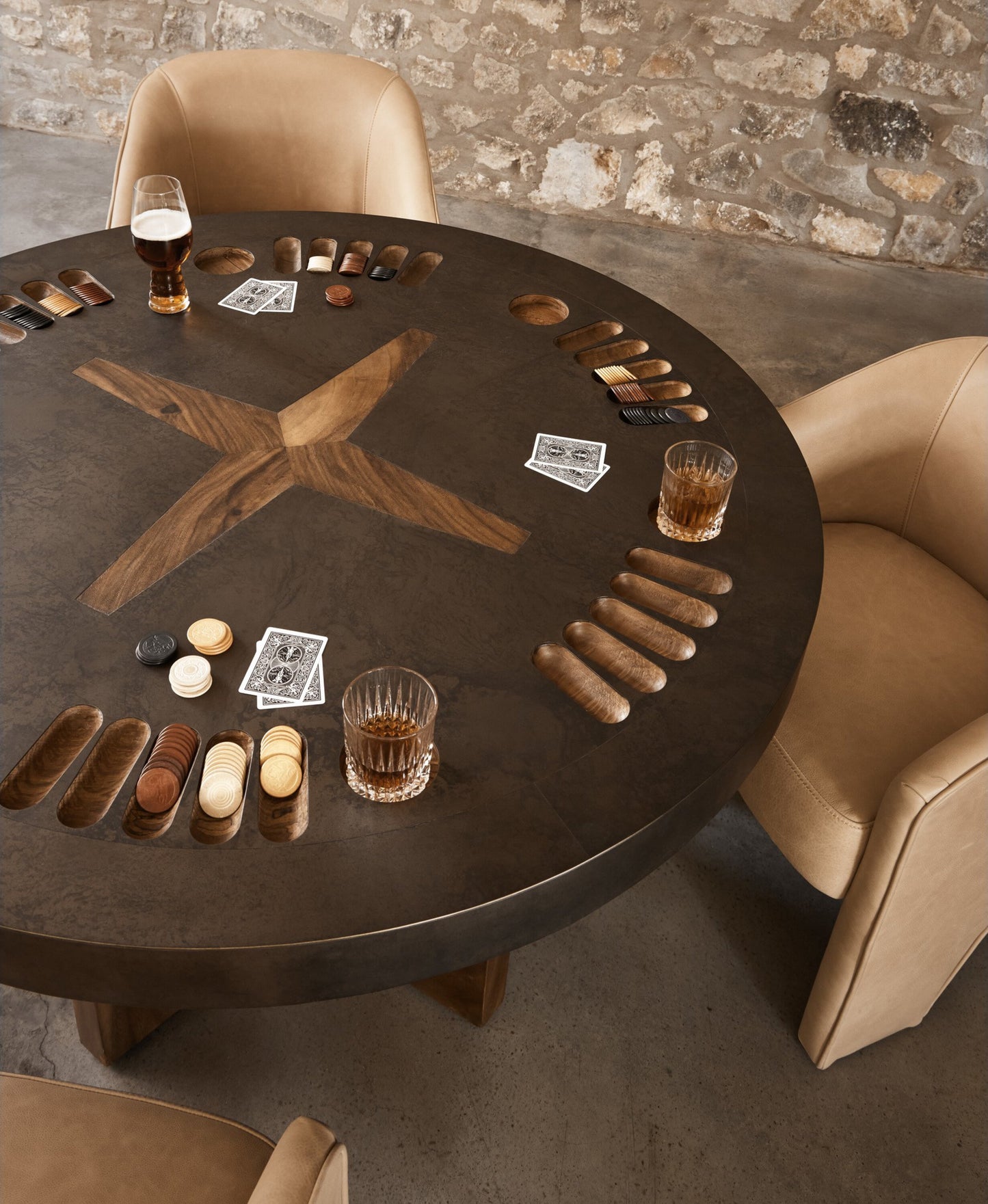 Poker table: natural brown guanacaste-aged metal