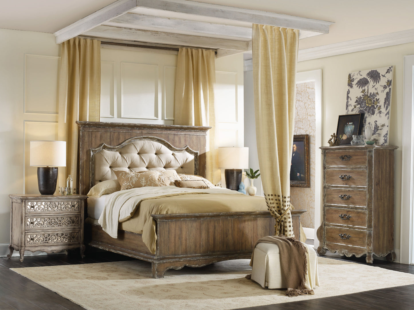 Chatelet king upholstered mantle panel bed