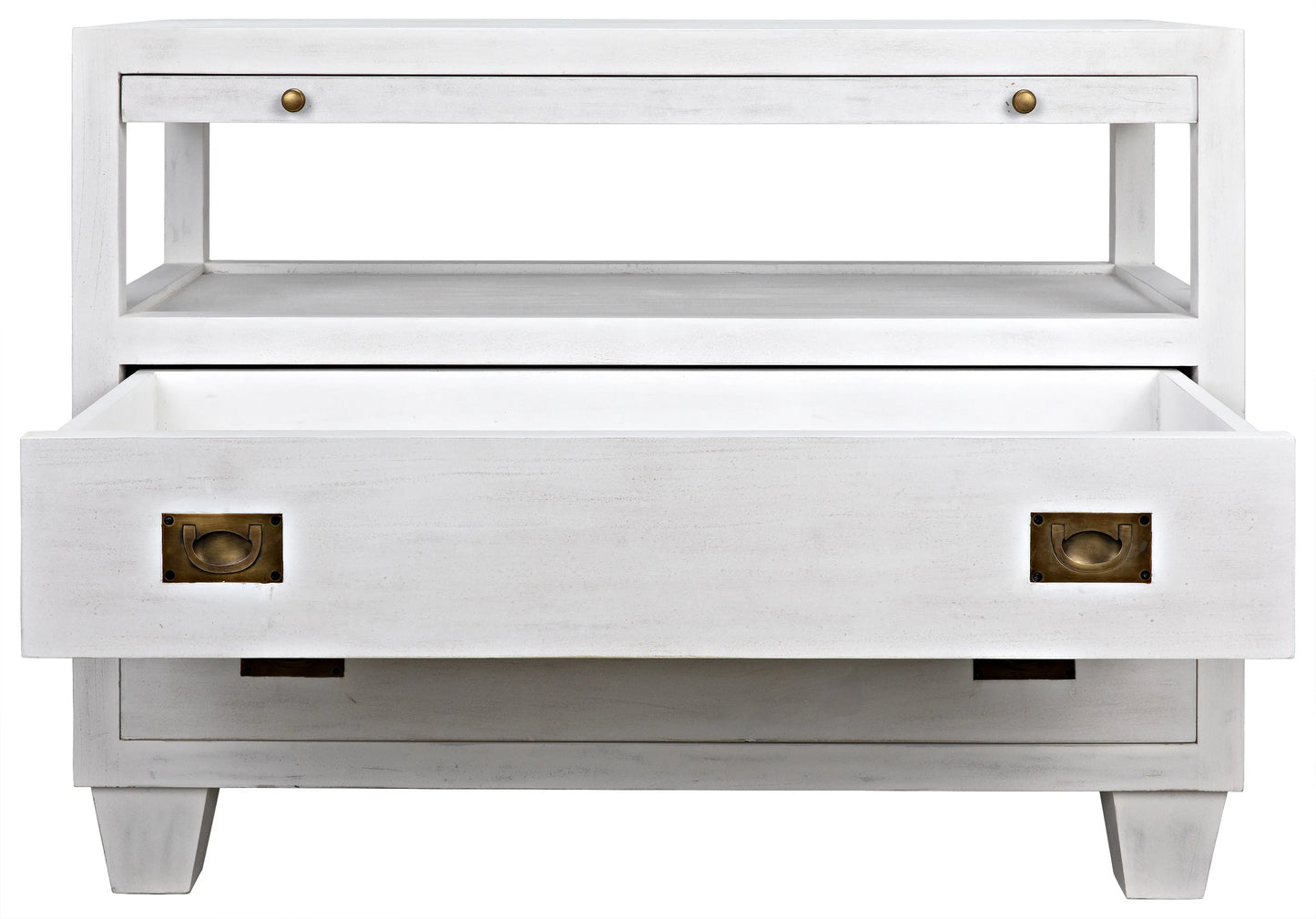 2-drawer side table with sliding tray, white wash