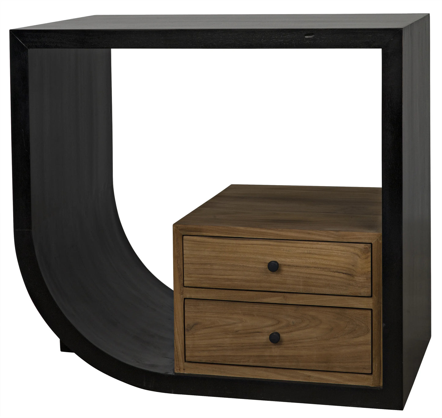 Burton side table, left, hand rubbed black and teak