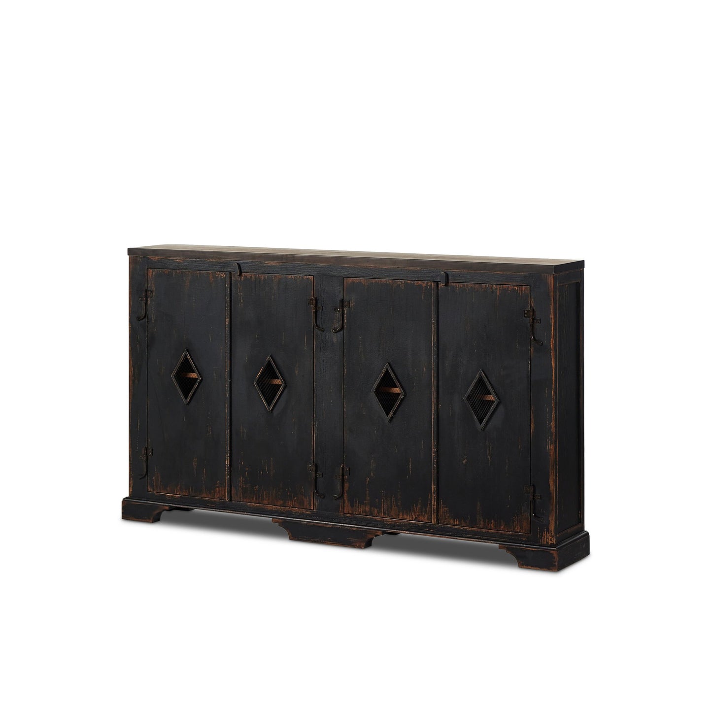 The humptulips river moonshine cabinet: distressed burnt black-distressed burnt black veneer-metal mesh bronze