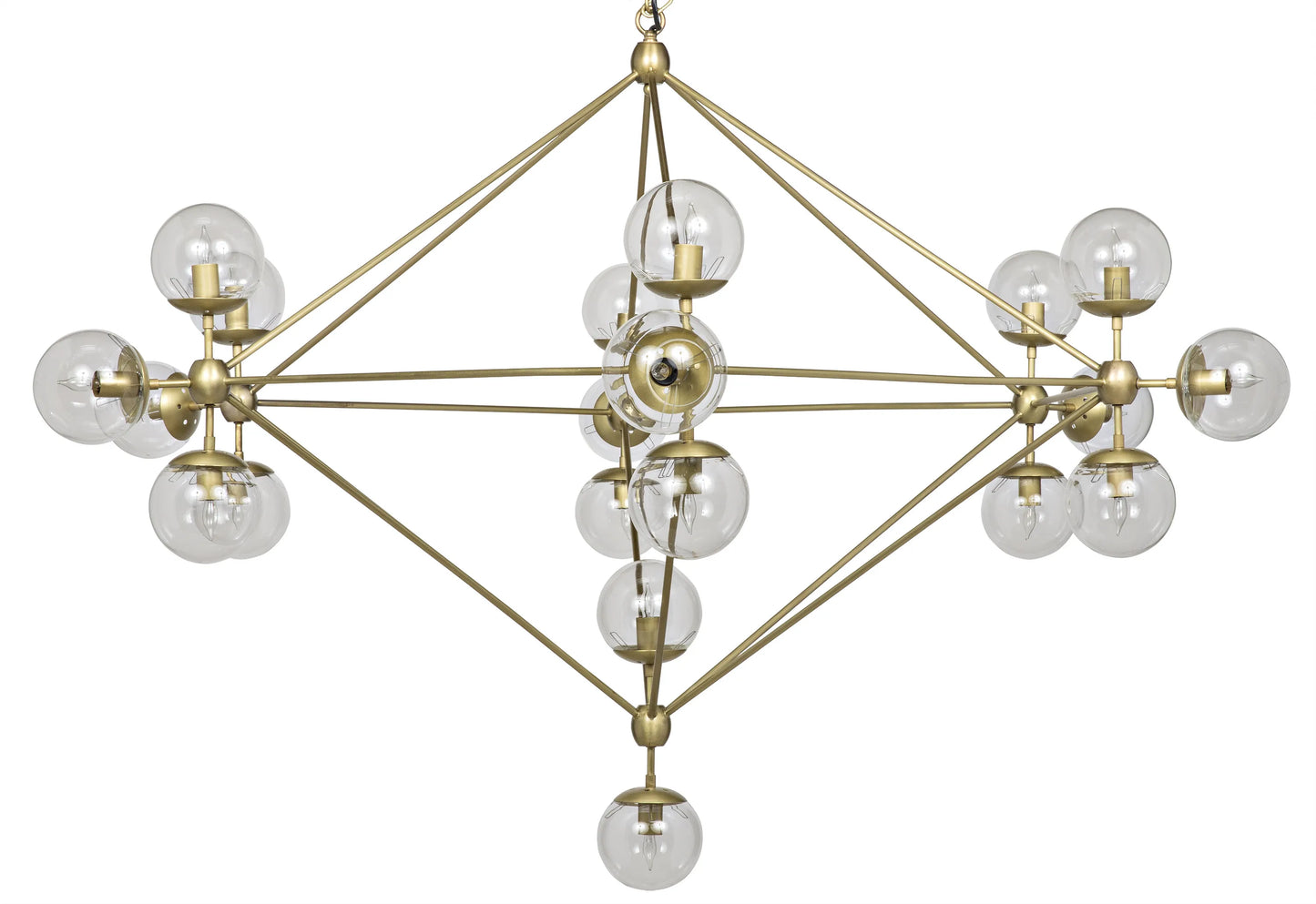 Pluto chandelier, large, metal with brass finish and glass