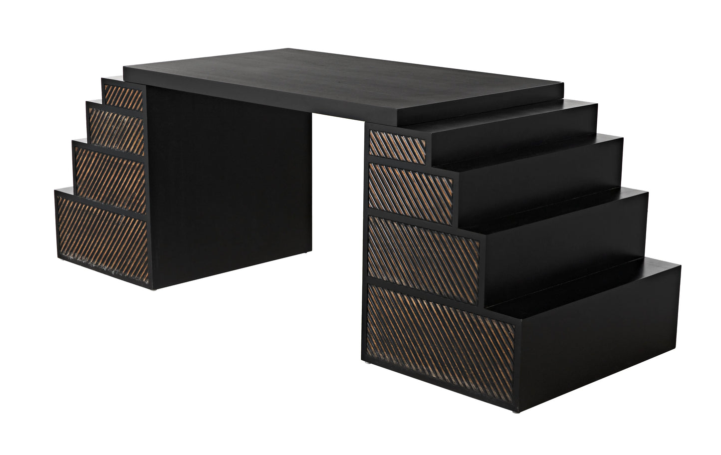 Ambidextrous desk, hand rubbed black with light brown trim